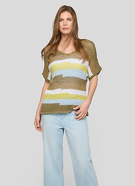 Rabe Strickpullover Halbarm mit Colorblocking-Streifen und im Häkel-Look günstig online kaufen