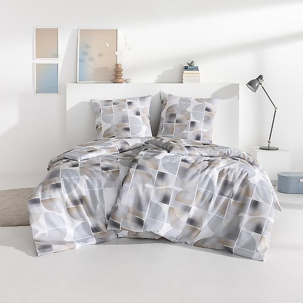 Estella Seersucker Bettwäsche Simon 3614-820 Geometrisch Grau 135x200 günstig online kaufen