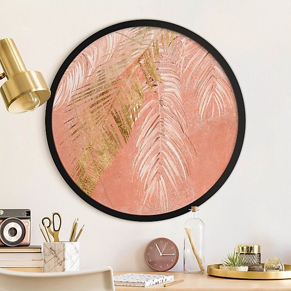 Rundes Bild mit Rahmen Palmenblätter Rosa und Gold I günstig online kaufen