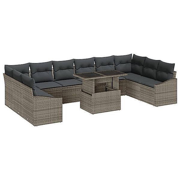 vidaXL Loungesofa 11-tlg. Garten-Sofagarnitur mit Kissen Grau Poly Rattan, günstig online kaufen