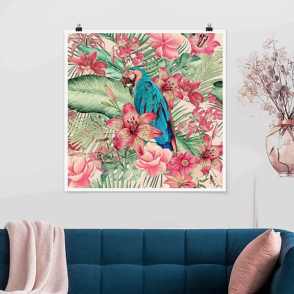 Poster Blumenparadies tropischer Papagei günstig online kaufen