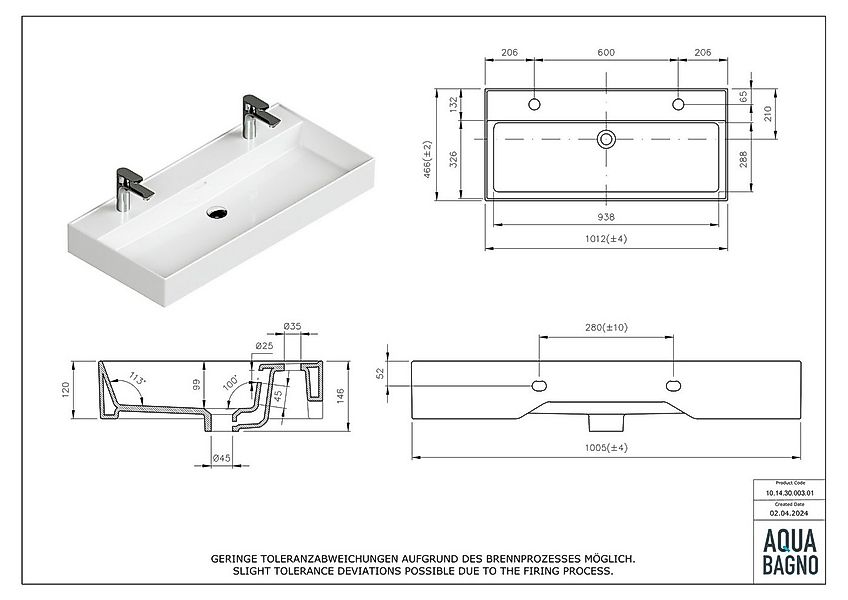 Aqua Bagno Waschbecken Doppwaschbecken 100cm weiß eckig Wandmontage Aufsatz günstig online kaufen