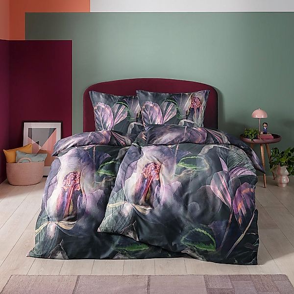 Estella Mako Satin Bettwäsche Kendra Blüten 4834-670 Aubergine 135x200 günstig online kaufen