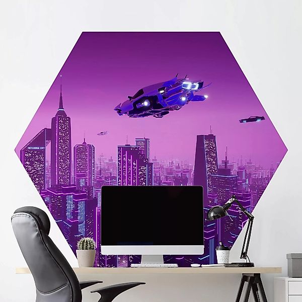 Hexagon Mustertapete selbstklebend Stadt im Neonlicht mit Raumschiffen günstig online kaufen