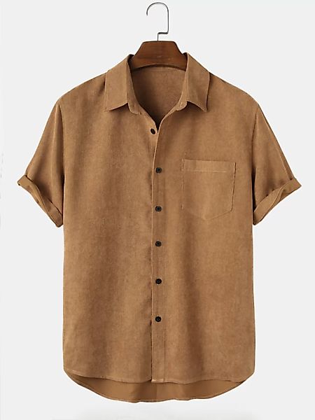 Herren Basic Solid Cord Brusttasche Revers High Low Hem Kurzarm Shirts günstig online kaufen