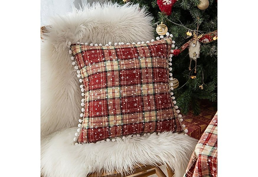 Rosnek Kissenbezug Schneeflocke Pompon, kariert, für Tisch- und Stuhldeko z günstig online kaufen