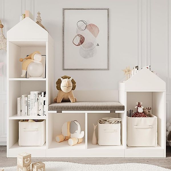 GarveeMore Kinderregal mit 6 Fächern und Sitzkissen,Burgdesign Spielzeugtru günstig online kaufen