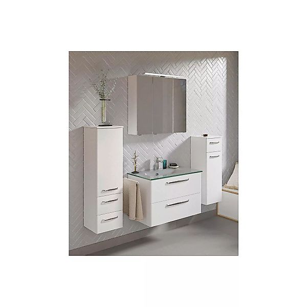 Badezimmer Komplett Set mit Glaswaschbecken TRENTO-66 in weiß Glanz, B/H/T: günstig online kaufen