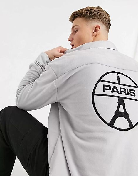 ASOS DESIGN – Oversize-Fleecehemd in Grau im 90er-Stil mit Stickerei auf de günstig online kaufen