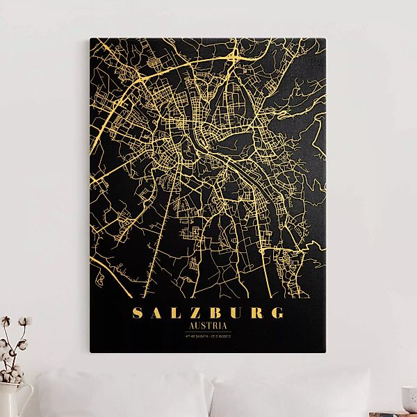 Leinwandbild Gold Stadtplan Salzburg - Klassik Schwarz günstig online kaufen
