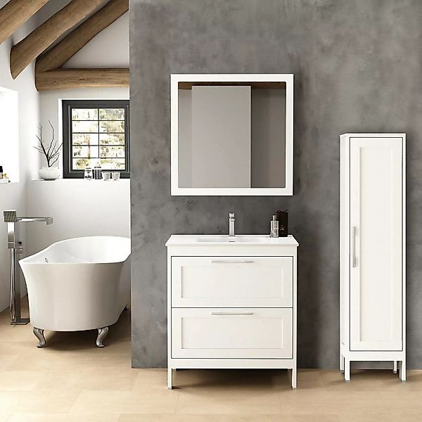 Landhaus Badezimmermöbel Set mit Hochschrank & Spiegel TARIFA-110 matt weiß günstig online kaufen