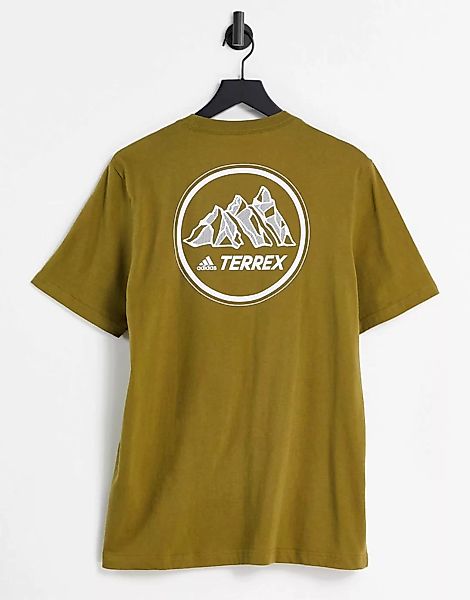 adidas – Outdoors Terrex – T-Shirt in Khaki mit Berggrafik-Logo-Grün günstig online kaufen