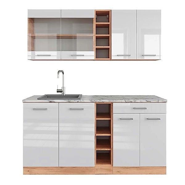 Vicco R-Line Singleküche Weiß Hochglanz/Goldkraft Eiche 160 cm AP Marmor günstig online kaufen