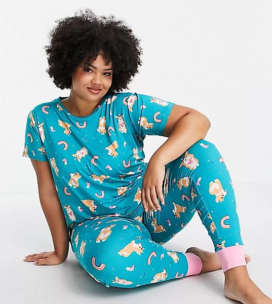 Chelsea Peers Plus – Pyjama-Set in Grün mit Corgi-Print günstig online kaufen
