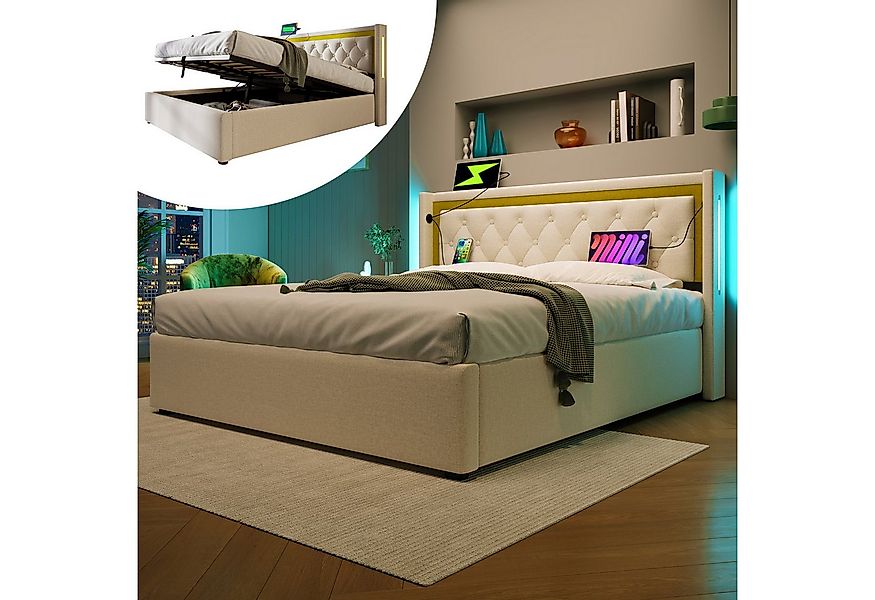 OKWISH Polsterbett LED Doppelbett (Bettkasten mit USB Typ C Ladefunktion Ko günstig online kaufen