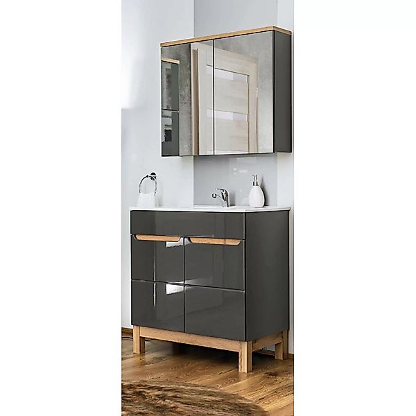 Waschplatz Set 2-teilig Hochglanz grau 80 cm, inkl Waschtisch-Unterschrank, günstig online kaufen