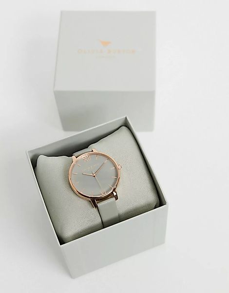Olivia Burton – Leder-Armbanduhr mit großem Ziffernblatt in Grau und Roségo günstig online kaufen