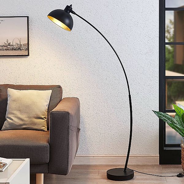 Lindby Bogenstehlampe Phileas, schwarz-gold, Metall, 155 cm günstig online kaufen