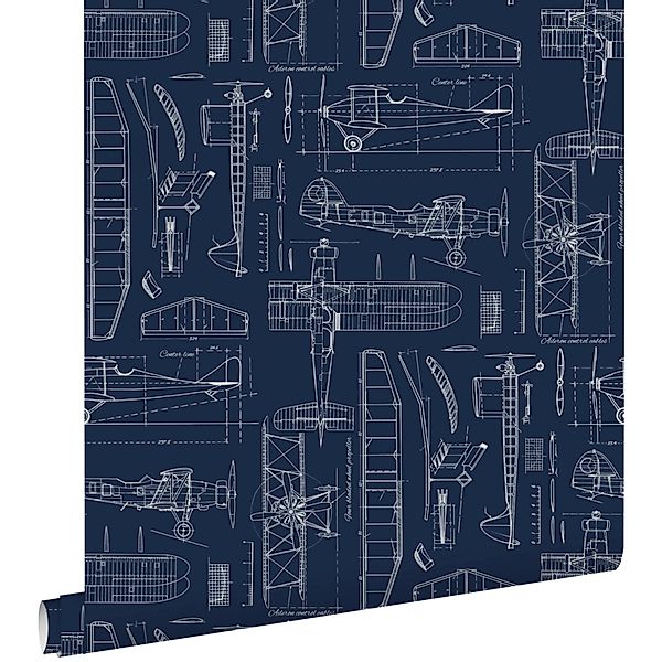 ESTAhome Tapete Kontruktionszeichnungen von Flugzeugen Dunkelblau 53 cm x 1 günstig online kaufen