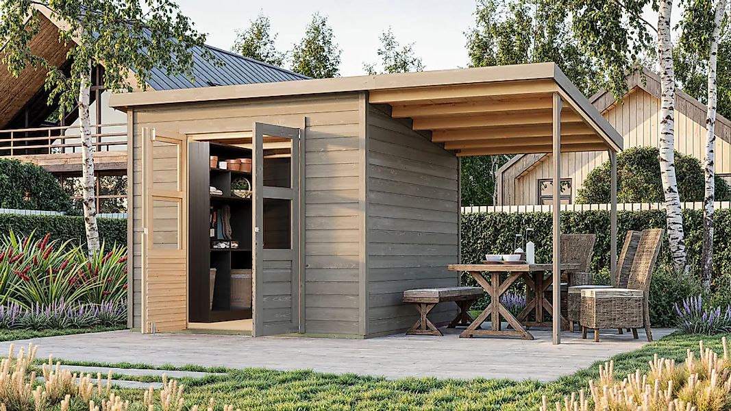 Karibu Gartenhaus ""Merseburg 6" vorvergraut mit Anbaudach" aus Fichtenholz günstig online kaufen