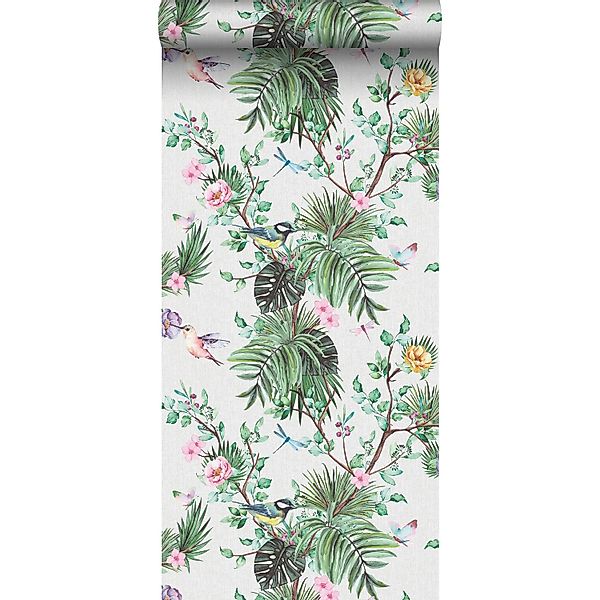 Sanders & Sanders Tapete Tropische Dschungelblätter Und Paradiesvögel Grün günstig online kaufen