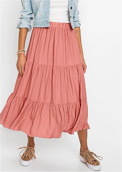 bonprix Volantrock aus Viskose, A-Linie, mit Volants, Midi-Länge günstig online kaufen