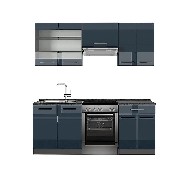 Vicco Fame-Line Küchenschränke Dunkelblau Hochglanz/Anthrazit 200 cm AP Ant günstig online kaufen