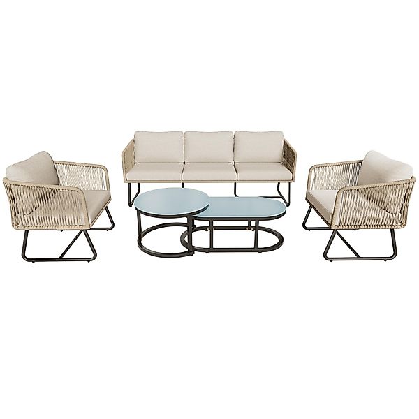5-teiliges Garten-Lounge-Set mit Seil, verstellbare Füße, glatte Glas-Tisch günstig online kaufen
