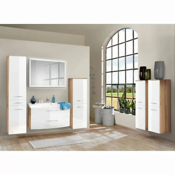 Lomadox Badmöbel Set mit 100cm Waschtisch FLORIDO-03-OAK weiß Hochglanz mit günstig online kaufen