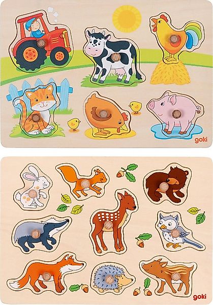 goki Steckpuzzle 2er Holzpuzzle-Set: Bauernhof + Waldtiere, Puzzleteile günstig online kaufen