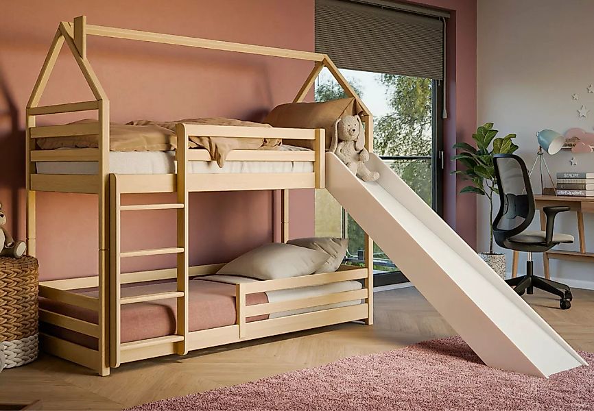 Kids Collective Hochbett mit Rutsche 90x200 cm, Hausbett, Etagenbett mit Ra günstig online kaufen