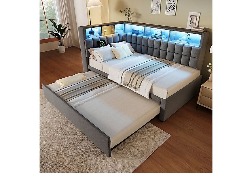 Flieks Daybett L-Kopfteil mit Ausziehbett, Polsterbett 90/180x200cm mit LED günstig online kaufen
