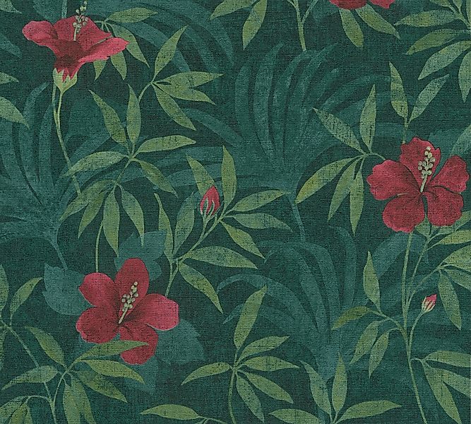 Bricoflor Tropical Tapete Floral Hibiskus Vliestapete mit Tropische Blätter günstig online kaufen