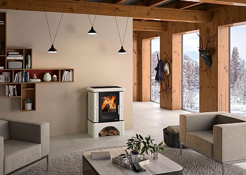 Justus Kaminofen Bavaria Ahorn Weiß inkl. Sockel 7 kW Ofenkacheln günstig online kaufen