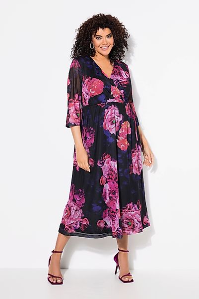 Ulla Popken Abendkleid Mesh-Maxikleid Blüten V-Ausschnitt günstig online kaufen