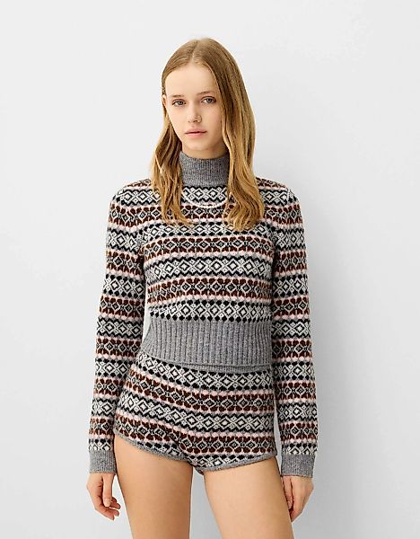 Bershka Jacquard-Rollkragenpullover Damen S Grau günstig online kaufen