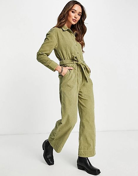 ASOS DESIGN – Cord-Overall in Grün mit Kimono-Ärmeln und Taillenschnürung günstig online kaufen