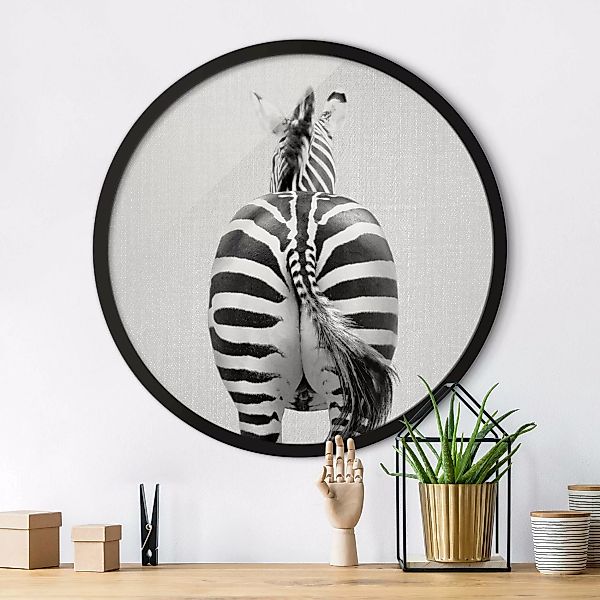 Rundes Bild mit Rahmen Zebra von hinten Schwarz Weiß günstig online kaufen