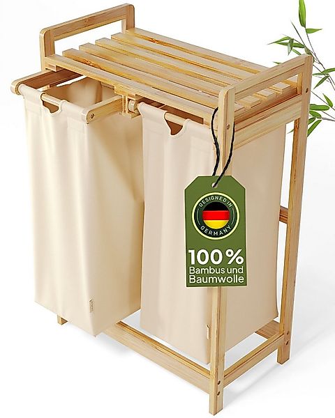 AMBIAVO Ausziehwäschekorb 2 Fächer aus Bambus und Baumwolle, mit Ablage günstig online kaufen