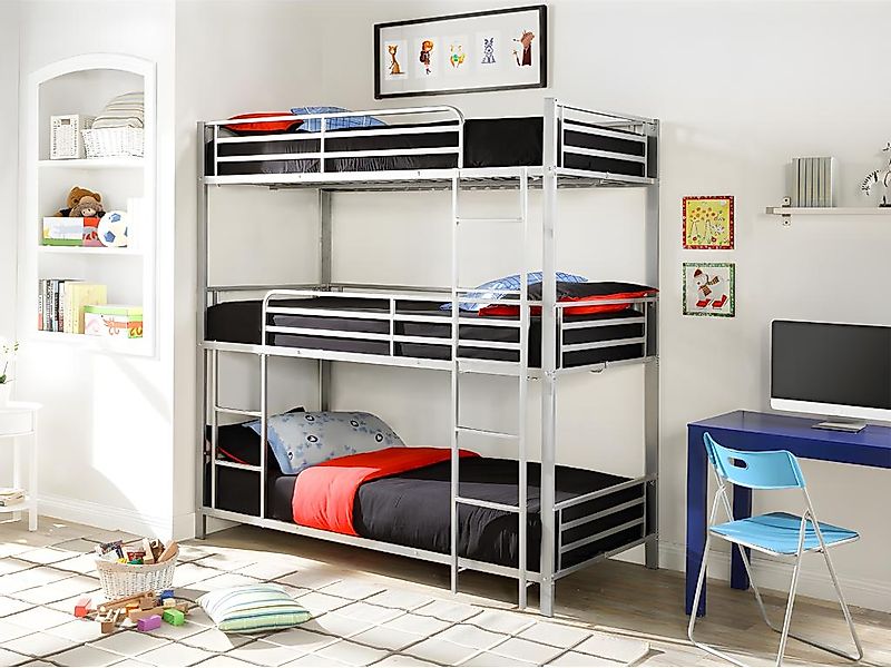 Etagenbett mit Matratze - 3 Personen - 3 x 90 x 190 cm - Metall - Silberfar günstig online kaufen