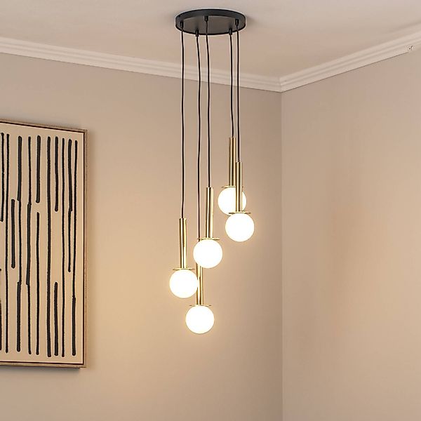 Hängeleuchte Daisy, 5-flammig, gold/weiß/schwarz, Glas günstig online kaufen