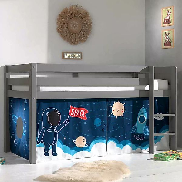 Halbhohes Bett aus Kiefer Massivholz Grau mit Weltraum Vorhang günstig online kaufen