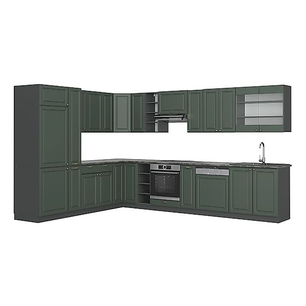 Vicco Fame-Line Eckküche Grün-Gold Landhaus/Anthrazit 347 x 257 cm ohne Arb günstig online kaufen