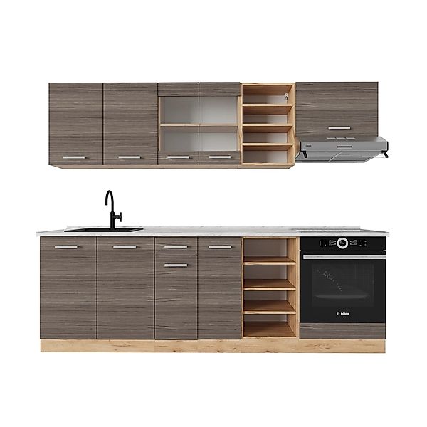 Vicco R-Line Küchenzeile Edelgrau/Goldkraft Eiche 240 cm AP Marmor günstig online kaufen
