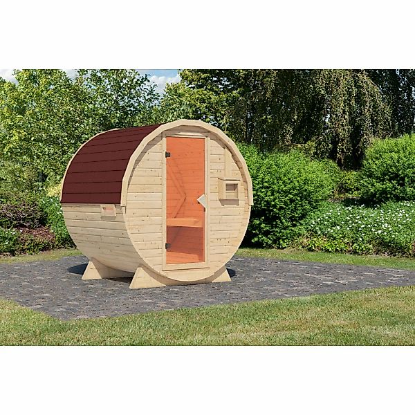 Karibu Fass-Sauna 1 Set Naturbelassen mit Schindeln Rot günstig online kaufen