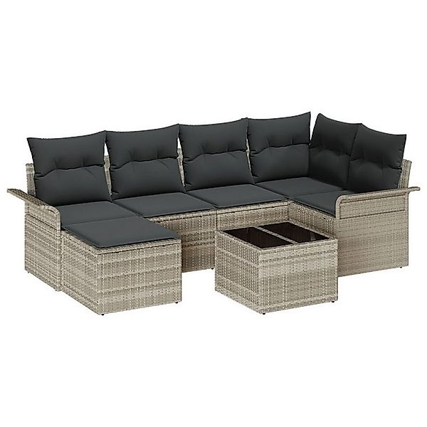 vidaXL Loungesofa 7-teiliges Garten-Sofa-Set mit Kissen Hellgrau Poly-Ratta günstig online kaufen