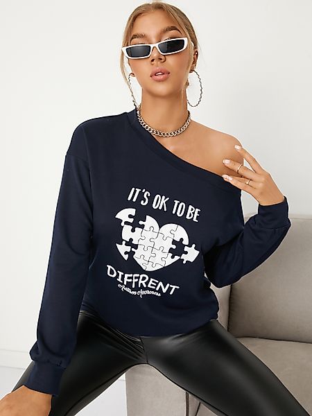 Navy Graphic One Schulter Langarm Sweatshirt günstig online kaufen