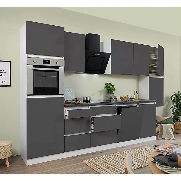 Respekta Küchenzeile GLRP330HESG Grifflos 330 cm Grau Hochglanz-Sonoma Eich günstig online kaufen