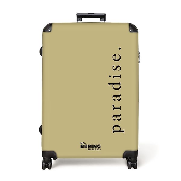 NoBoringSuitcases.com© Hartschalen-Trolley Grün mit Zitat 'Paradies' günstig online kaufen