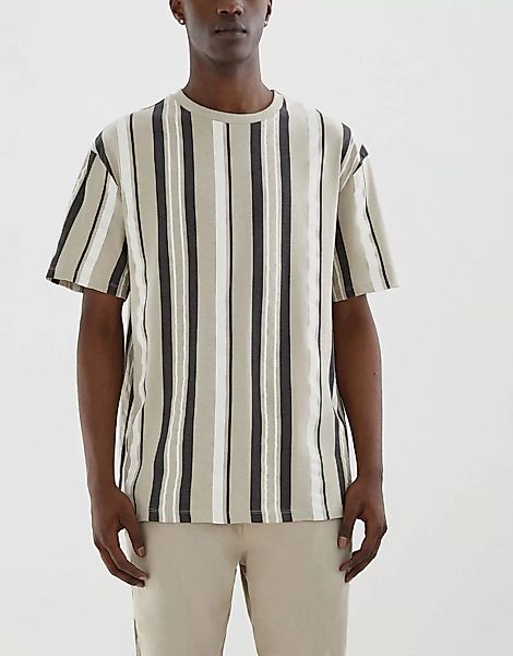 Pull&Bear – T-Shirt in Braun mit Längsstreifen günstig online kaufen